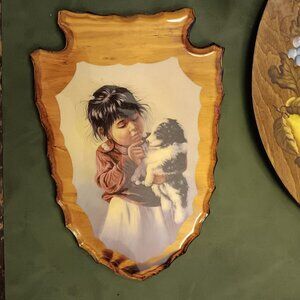 Share Vintage Wooden Arrowhead Plaque Wall Hanging Child + puppy BEAUTIFUL-LQQK-